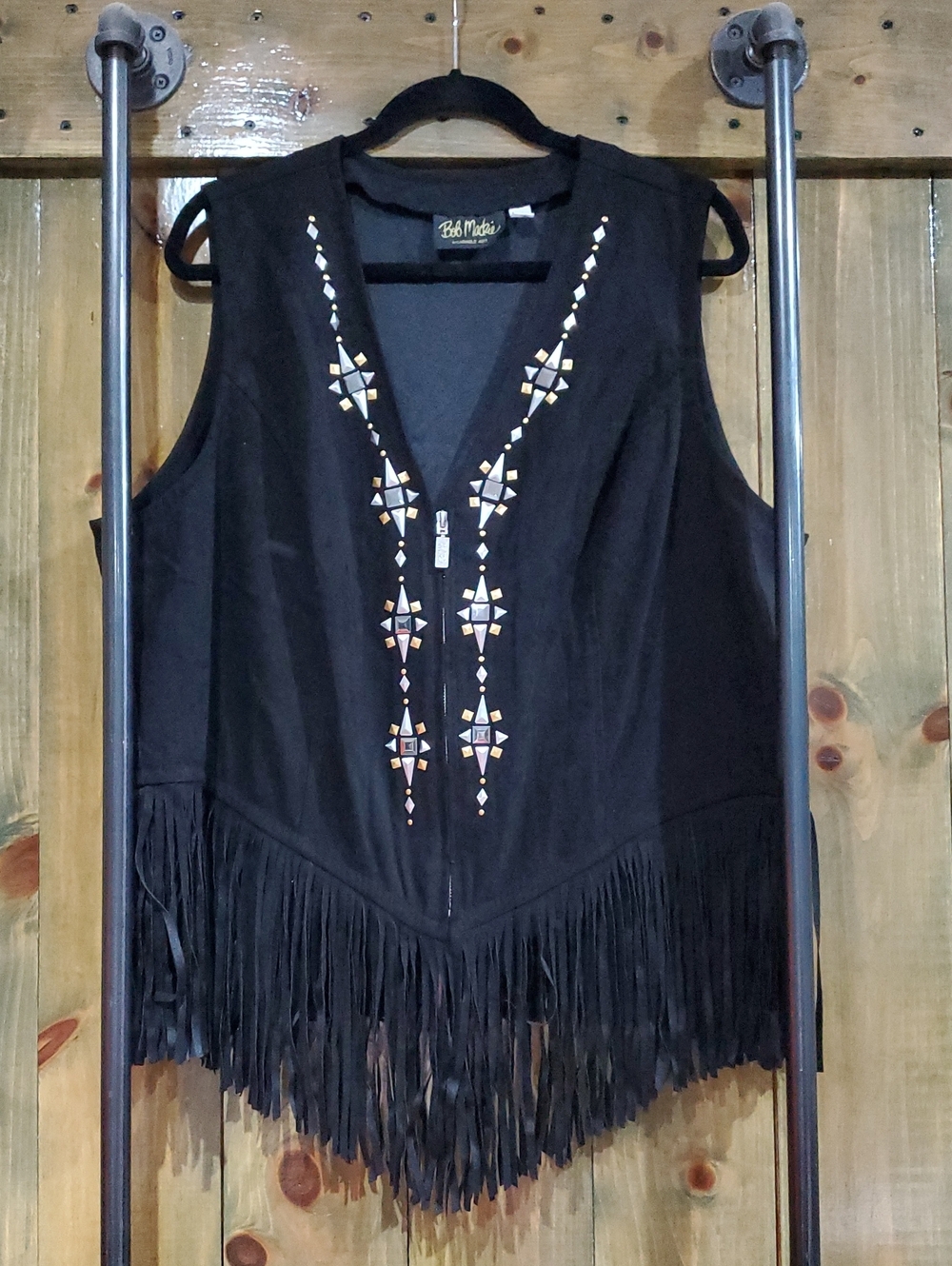 Bob Mackie Black Fringe Tank with Beaded Geometric Accents Zipper Western Boho